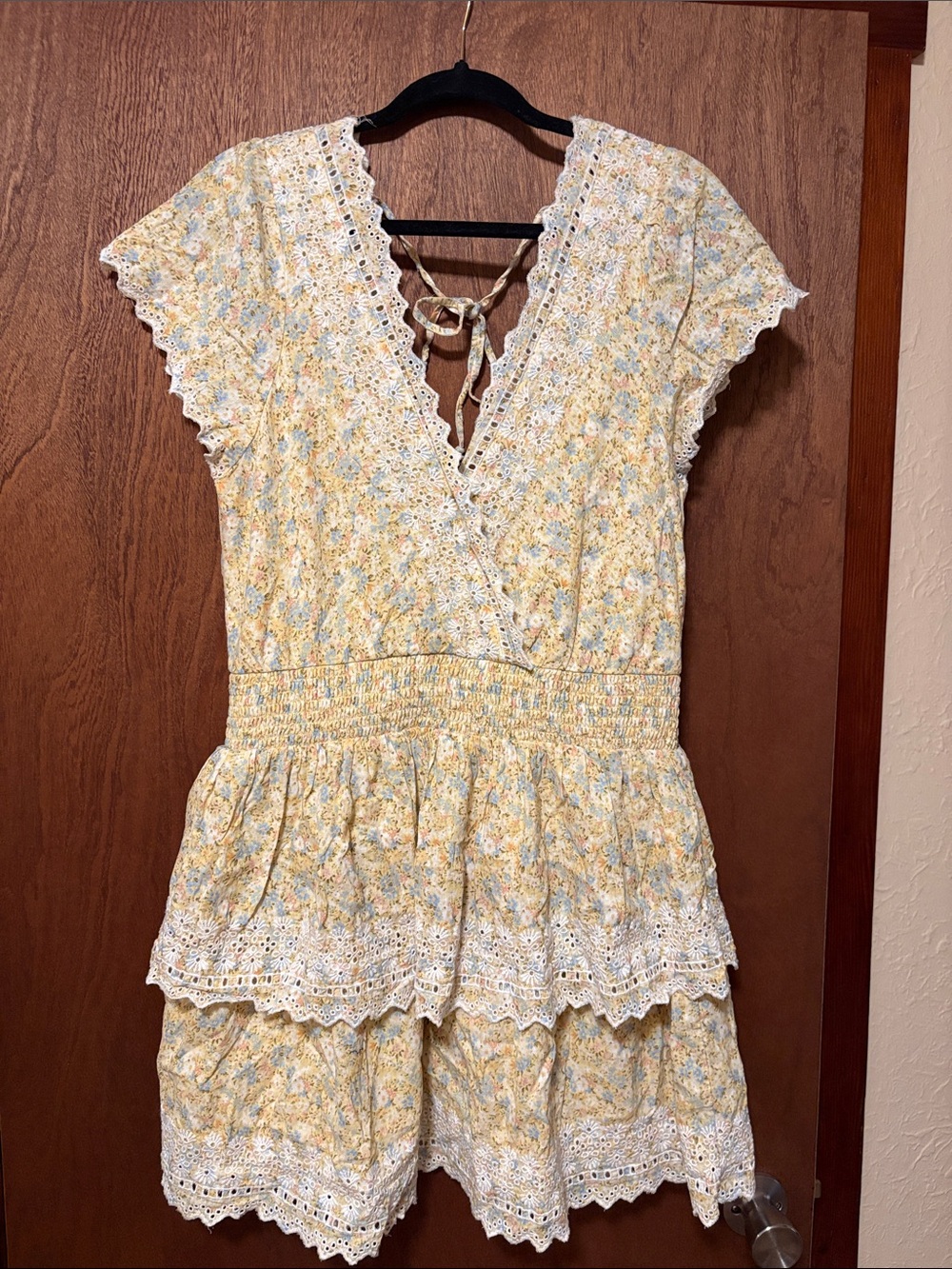 Floral Lace-Trim Yellow Women’s Smocked Waist dress